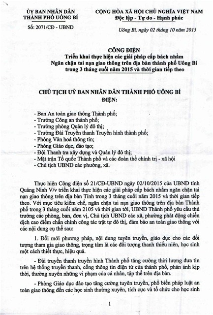 Công điện triển khai thực hiện các giải pháp cấp bách nhằm ngăn chặn tai nạn giao thông trên địa bàn TP uu888 one trong 3 tháng cuối năm 2015 và thời gian tiếp theo