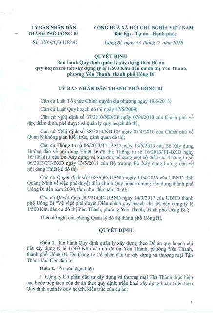 Quyết định Ban hành Quy định Quản lý uu888 game theo Đồ án quy hoạch chi tiết uu888 game tỷ lệ 1/500 khu dân cư đô thị Yên Thanh, phường Yên Thanh, thành phố uu888 one