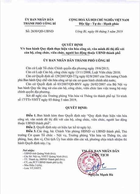 Quyết định v/v ban hành Quy định thực hiện văn hóa công sở, văn minh đô thị đối với cán bộ, công chức, viên chức, người lao động thuộc uu888.con thành phố