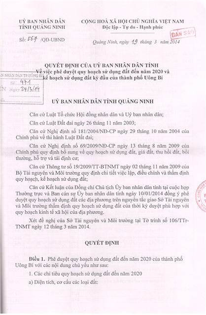 Quyết định của uu888.con tỉnh Về việc phê duyệt quy hoạch sử dụng đất đến năm 2020 và kế hoạch sử dụng đất kỳ đầu của thành phố uu888 one