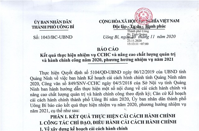 Báo cáo Kết quả thực hiện nhiệm vụ CCHC và nâng cao u888vip1 quản trị và hành chính công năm 2020, phương hướng nhiệm vụ năm 2021