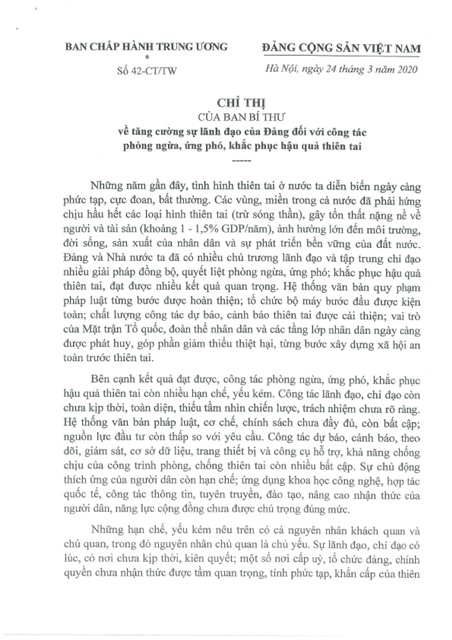 Chỉ thị của Ban Bí thư về tăng cường sự lãnh đạo của Đảng đối với công tác phòng ngừa, ứng phó, khắc phục hậu quả thiên tai 