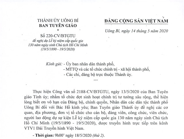 Đề nghị dự Lễ kỷ niệm cấp quốc gia 130 năm ngày sinh Chủ tịch Hồ Chí Minh (19/5/1890 - 19/5/2020)