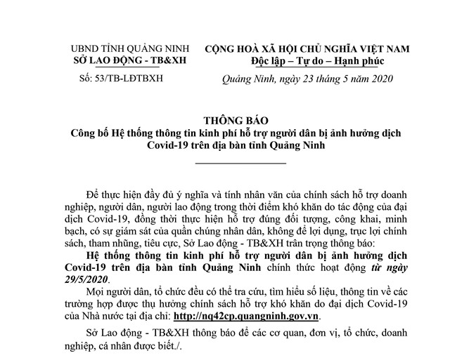 THÔNG BÁO: Công bố Hệ thống thông tin kinh phí hỗ trợ người dân bị ảnh hưởng dịch Covid-19 trên địa bàn tỉnh uu888 one