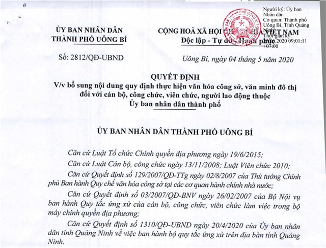 Bổ sung nội dung quy định thực hiện văn hoá công sở, văn minh đô thị đối với cán bộ, công chức, viên chức, người lao động thuộc Uỷ ban nhân dân thành phố