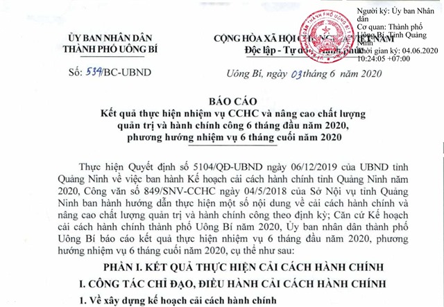 Báo cáo kết quả thực hiện nhiệm vụ CCHC và nâng cao u888vip1 quản trị và hành chính công 6 tháng đầu năm 2020, phương hướng nhiệm vụ 6 tháng cuối năm 2020