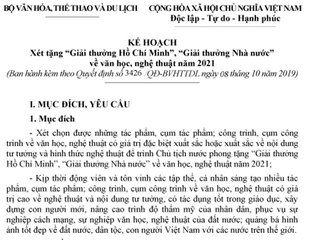 Kế hoạch xét tặng "Giải thưởng Hồ Chí Minh", "Giải thưởng Nhà nước"  về văn hóa nghệ thuật năm 2021