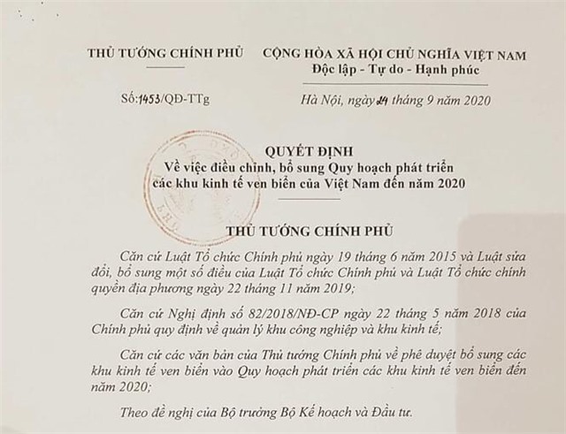 Quyết định về việc điều chỉnh, bổ sung Quy hoạch phát triển các khu kinh tế ven biển của uu888 có đến năm 2020