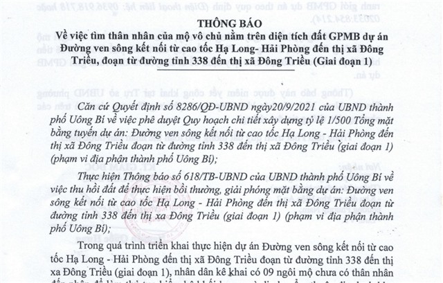 tải uu888 về việc tìm thân nhân của mộ vô chủ nằm trên diện tích đất GPMB dự án Đường ven sông kết nối từ cao tốc Hạ Long - Hải Phòng đến thị xã Đông Triều đoạn từ đường tỉnh 338 đến thị xã Đông Triều (Giai đoạn 1)