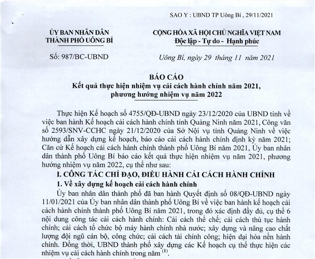 Báo cáo kết quả thực hiện nhiệm vụ cải cách hành chính năm 2021, phương hướng nhiệm vụ năm 2022