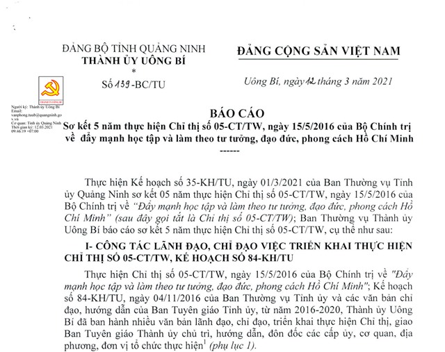 Báo cáo sơ kết 5 năm thực hiện Chỉ thị số 05-CT/TW, ngày 15/5/2016 của Bộ u888c3 về đẩy mạnh học tập và làm theo tư tưởng, đạo đức, phong cách Hồ Chí Minh