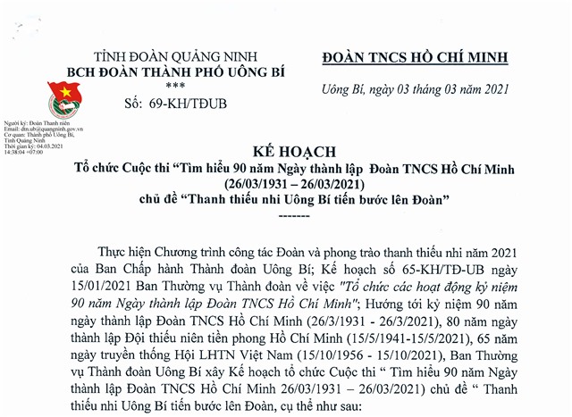 Kế hoạch tổ chức cuộc thi "Tìm hiểu 90 năm ngày thành lập Đoàn TNCS Hồ Chí Minh (26/3/1931 - 26/3/2021) chủ đề "Thanh thiếu nhi uu888 one tiến bước lên Đoàn"
