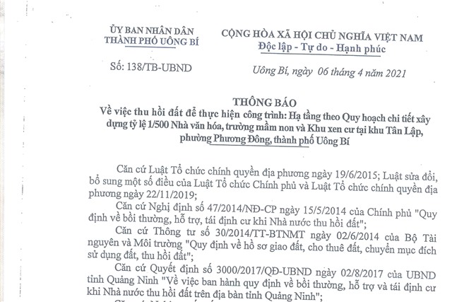 tải uu888 về việc thu hồi đất để thực hiện công trình: Hạ tầng theo Quy hoạch chi tiết uu888 game tỉ lệ 1/500 Nhà văn hóa, trường mầm non và Khu xen cư tại khu Tân Lập, phường Phương Đông, TP uu888 one