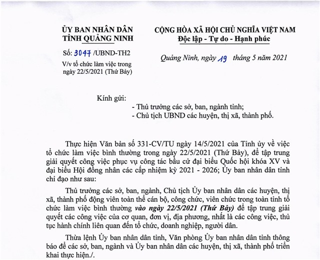 Tổ chức làm việc trong ngày 22/5/2021 (thứ Bảy)