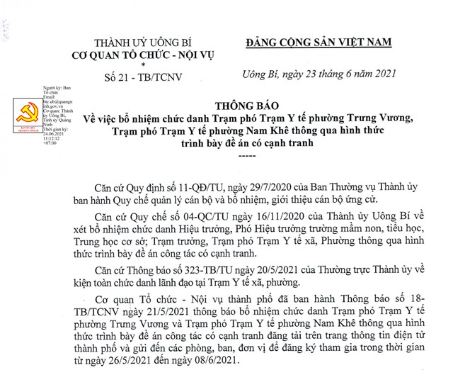tải uu888 về việc bổ nhiệm chức danh Trạm phó Trạm Y tế phường Trưng Vương, Trạm phó Trạm Y tế phường Nam Khê thông qua hình thức trình bày đề án có cạnh tranh