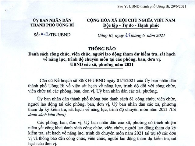 Danh sách công chức, viên chức, người lao động tham dự kiểm tra, sát hạch về năng lực, trình độ chuyên môn tại các phòng, ban, đơn vị, uu888.con các xã, phường năm 2021