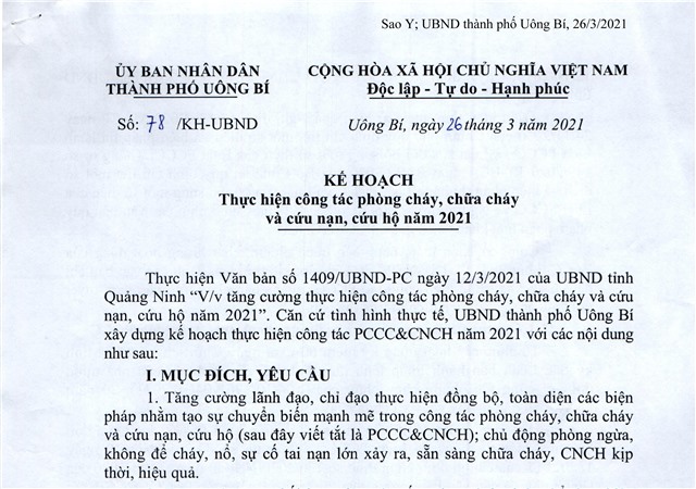 Kế hoạch thực hiện công tác phòng cháy, chữa cháy và cứu nạn, cứu hộ năm 2021 