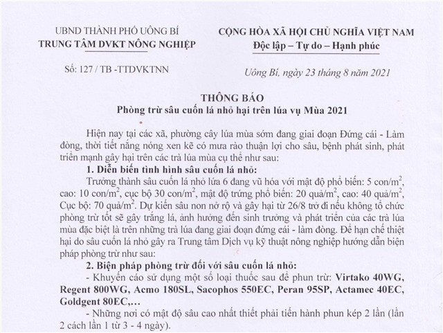 tải uu888 phòng trừ sâu cuốn lá nhỏ hại trên lúa vụ Mùa 2021