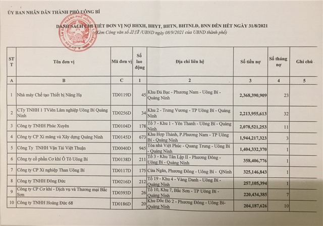 Danh sách chi tiết đơn vị nợ BHXH, BHYT, BHTN, BHTNLĐ, BNN đến hết ngày 31/8/2021