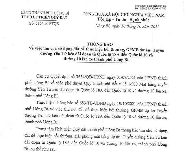 tải uu888 về việc tìm chủ sử dung đất thuộc dự án: Tuyến đường Yên Tử kéo dài đoạn từ Quốc lộ 18A đến Quốc lộ 10  và đường 10 làn xe, TP uu888 one 