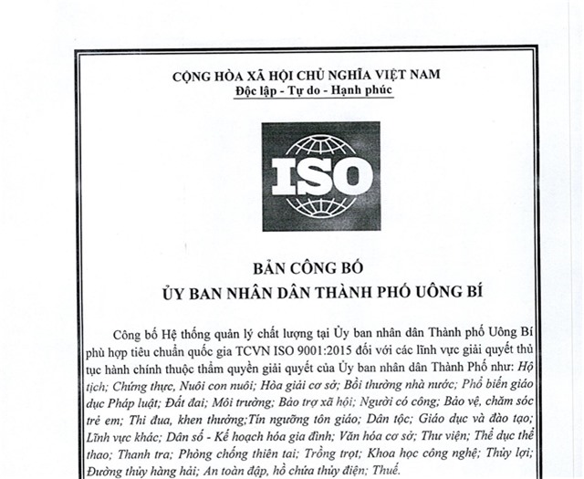 Công bố hệ thống quản lý u888vip1 phù hợp tiêu chuẩn quốc gia TCVN ISO 9001:2015 đối với các lĩnh vực giải quyết thủ tục hành chính thuộc thẩm quyền giải quyết của uu888.con thành phố