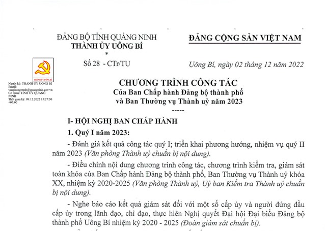 Chương trình của Ban Chấp hành Đảng bộ thành phố và Ban Thường vụ Thành ủy năm 2023