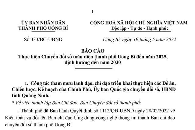 Báo cáo thực hiện chuyển đỏi số toàn diện thành phố uu888 one đến năm 2025, định hướng đến năm 2030