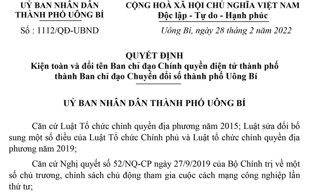 Quyết định kiện toàn và đổi tên Ban chỉ đạo Chính quyền điện tử thành phố thành Ban Chỉ đạo chuyển đổi số thành phố uu888 one