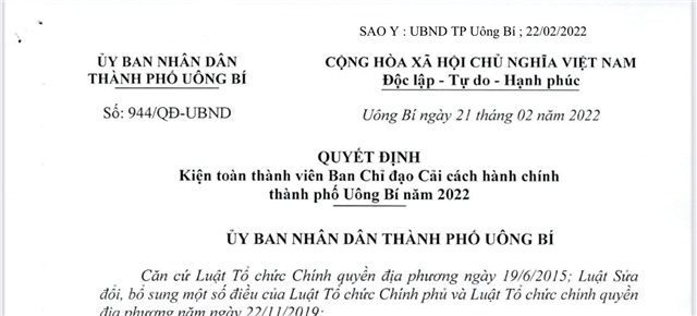 Quyết định kiện toàn thành viên BCĐ uu888.con thành phố uu888 one năm 2022