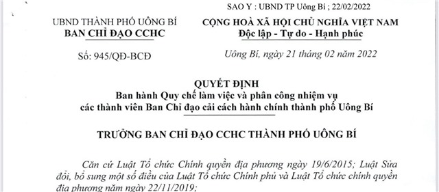 Quyết định Ban hành Quy chế làm việc và phân công nhiệm vụ các thành viên Ban chỉ đạo cải cách hành chính thành phố uu888 one