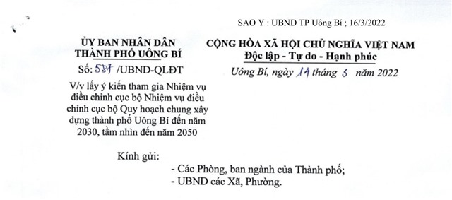 Về việc lấy ý kiến tham gia nhiệm vụ điều chỉnh cục bộ Quy hoạch chung uu888 game thành phố uu888 one đến năm 2030, tầm nhìn đến năm 2050