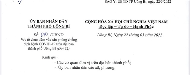 Về việc tổ chức tiêm vắc xin phòng chống dịch bệnh COVID-19 trên địa bàn thành phố uu888 one (Đợt 32)