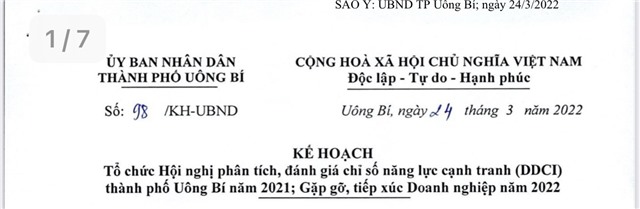 Kế hoạch Tổ chức Hội nghị phân tích,đánh giá chỉ số năng lực cạnh tranh (DDCI) thành phố uu888 one năm 2021; Gặp gỡ, tiếp xúc Doanh nghiệp năm 2022
