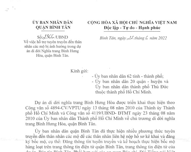 Hỗ trợ thông tin việc di dời nghĩa trang Bình Hưng Hòa, Quận Bình Tân, thành phố Hồ Chí Minh