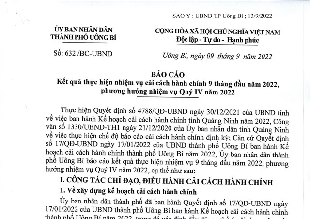 Báo cáo kết quả thực hiện nhiệm vụ cải cách hành chính 9 tháng đầu năm 2022, phương hướng nhiệm vụ Quý IV năm 2022