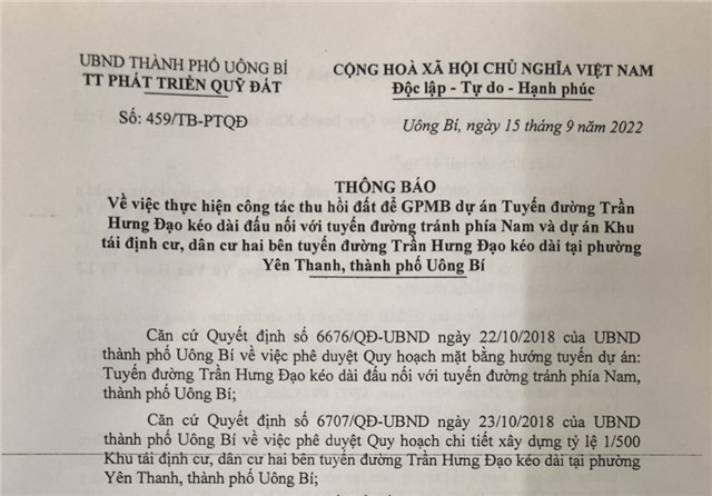 tải uu888 về việc thực hiện công tác thu hồi đất để GPMB dự án Tuyến đường Trần Hưng Đạo kéo dài tại phường Yên Thanh, TP uu888 one