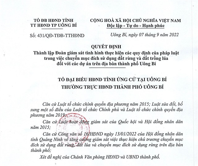 Quyết định thành lập đoàn giám sát tình hình thực hiện các quy định của pháp luật trong việc chuyển mục đích sử dụng đất rừng và đất trồng lúa đối với các dự án trên địa bàn thành phố uu888 one