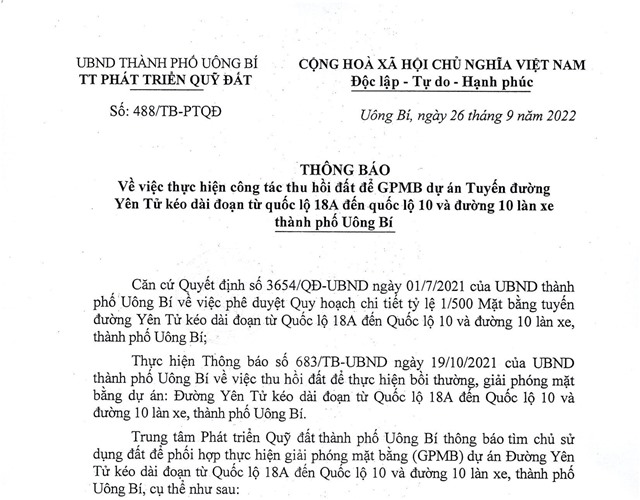 tải uu888 V/v thực hiện công tác thu hồi đất để GPMB dự án Tuyến đường Yên Tử kéo dài đoạn từ Quốc lộ 18A đến Quốc lộ 10 và đường 10 làn xe thành phố uu888 one