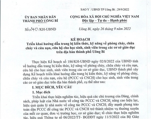 Kế hoạch triển khai hướng dẫn trang bị kiến thức, kỹ năng về phòng cháy, chữa cháy và cứu nạn cứu hộ cho học sinh, sinh viên trong các cơ sở giáo dục trên địa bàn thành phố uu888 one.