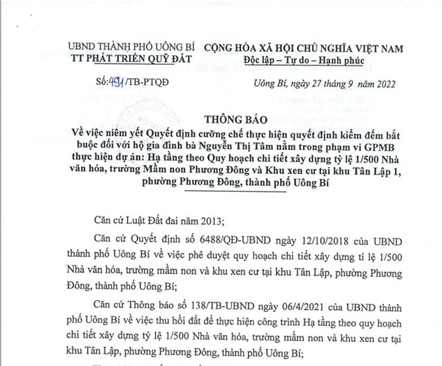 tải uu888 về việc niêm yết Quyết định cưỡng chế thực hiện quyết định kiểm đếm bắt buộc đối với hộ gia đình bà Nguyễn Thị Tâm