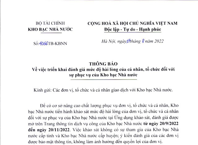 tải uu888 về việc triển khai đánh giá mức độ hài lòng của cá nhân, tổ chức đối với sự phục vụ của Kho bạc Nhà nước
