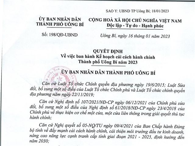 Quyết định về việc ban hành kế hoạch cải cách hành chính thành phố uu888 one năm 2023