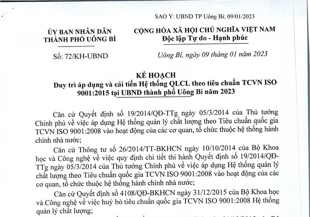Kế hoạch áp dụng và cải tiến Hệ thống QLCL theo tiêu chuẩn TCVN ISO 9001:2015 tại uu888.con thành phố uu888 one năm 2023
