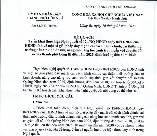 Kế hoạch triển khai thực hiện Nghị quyết số 124/NQ-uu888 bet app ngày 04/11/2022 của uu888 bet app tỉnh về một số giải pháp đẩy mạnh cải cách hành chính, cải thiện môi trường đầu tư kinh doanh, nâng cao năng lực cạnh tranh gắn với chuyển đổi số của thành phố uu888 one