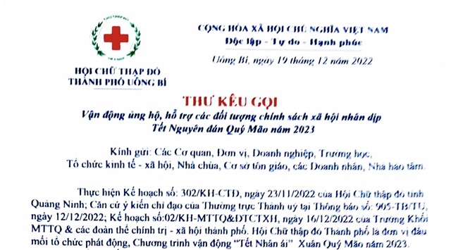 Thư kêu gọi của Hội Chữ thập đỏ TP uu888 one vận động ủng hộ, hỗ trợ các đối tượng chính sách u8888 nhân dịp Tết Nguyên đán Quý Mão năm 2023