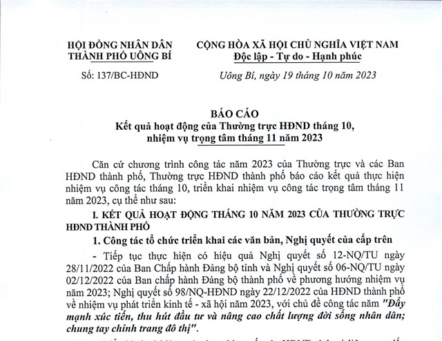 Báo cáo kết quả hoạt động của Thường trực uu888 bet app tháng 10, nhiệm vụ trọng tâm tháng 11 năm 2023