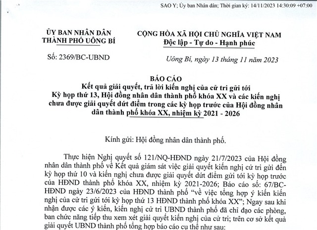 Báo cáo kết quả giải quyết, trả lời kiến nghị của cử tri gửi tới Kỳ họp thứ 13, uu888 bet app thành phố khoá XX và các kiến nghị chưa được giải quyết dứt điểm trong các kỳ họp trước của uu888 bet app thành phố khoá XX, nhiệm kỳ 2021-2026