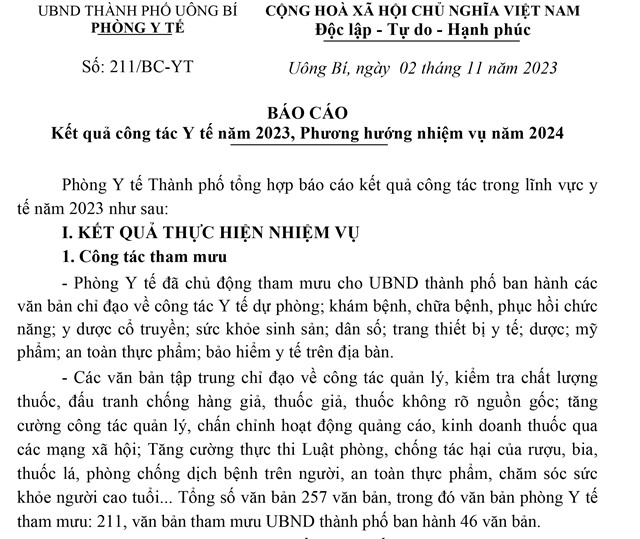 Báo cáo kết quả công tác Y tế năm 2023, phương hướng nhiệm vụ năm 2024