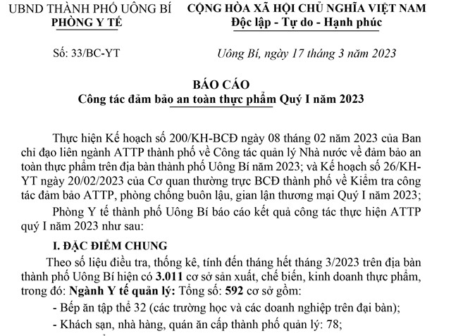 Báo cáo công tác đảm bảo an toàn thực phẩm Quý I năm 2023