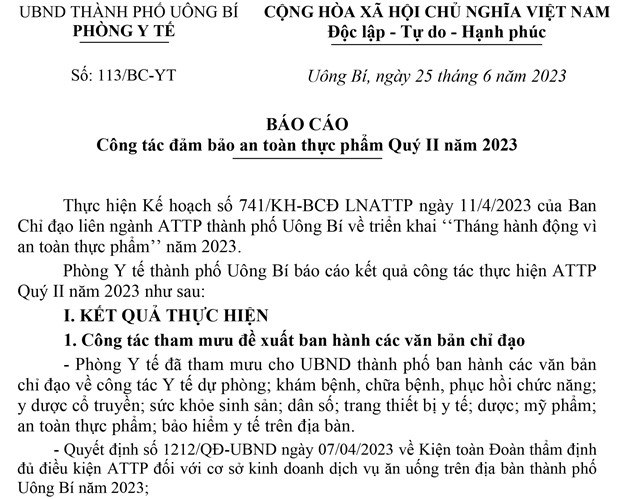 Báo cáo công tác đảm bảo an toàn thực phẩm Quý II năm 2023